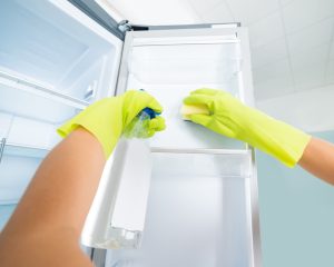 Woman Hand Wearing Gloves Cleaning The Empty Refrigerator With Spray Bottle And Sponge